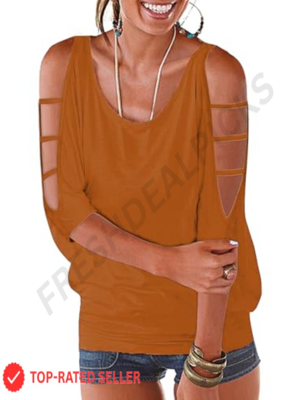 Womens Cold Shoulder Tunic Top 3/4 Sleeve Dolman Blouse Casual